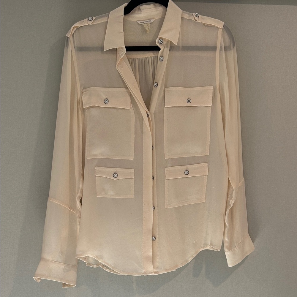Club Monaco silk Sheer Cream Button-Up Blouse small